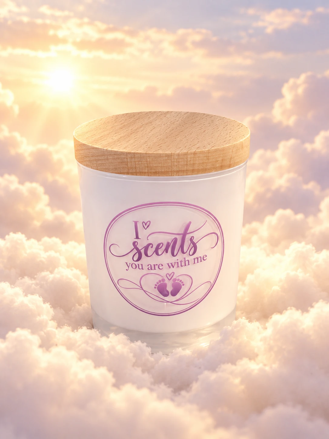 I scents you are with me candle with a purple baby footprints label and wooden lid among ivory clouds