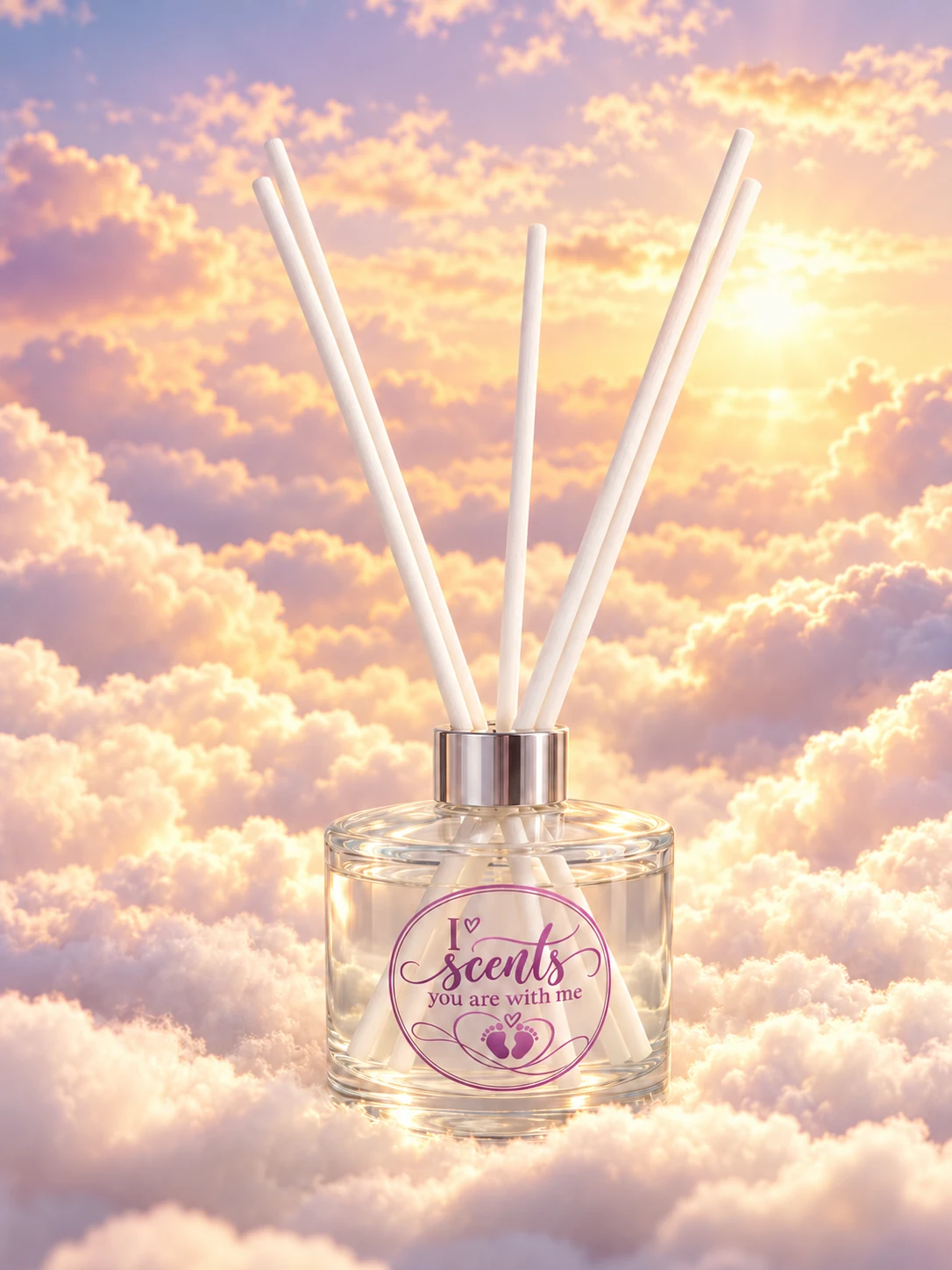 Reed diffuser with a silver collar, white reeds and a purple baby footprints label among golden clouds